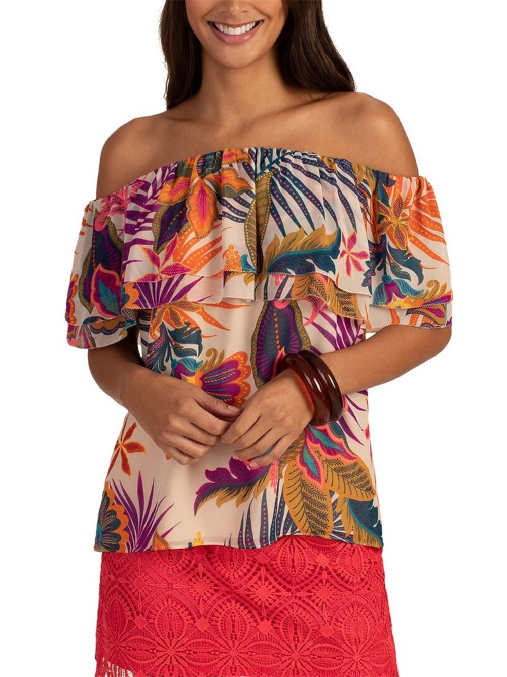 TRINA TURK AGUA CALIENTE 2 TOP Off-Shoulder Floral Ruffle Top NWT SM